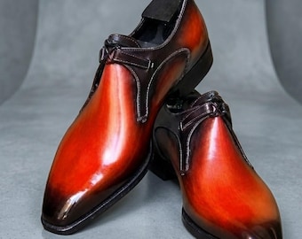 Handmade Men’s Patina Leather Dress Shoes – Luxury Orange & Brown Gradient Oxfords, Formal Wear