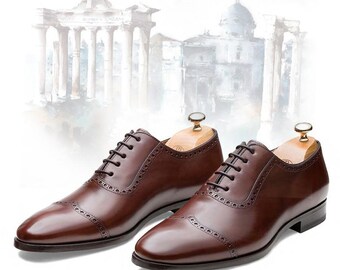 Handmade Men’s Dark Brown Leather Oxford Shoes – Luxury Semi-Brogue Dress Shoes, Elegant Formal Wea