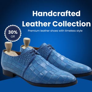 May include: Handcrafted Leather Collection. Premium leather shoes with timeless style. A pair of light blue leather shoes with a textured pattern, displayed with wooden shoe trees. The image includes a 30% off badge.