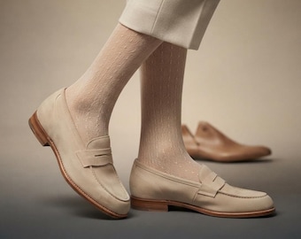 Handmade Beige Women's Suede Loafer, Penny Slip-Ons, Vintage Style Custom Footwear