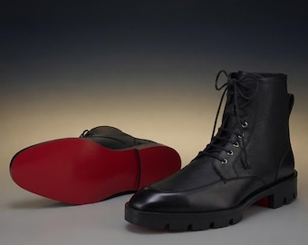 Men's Black Italian | Leather Lace Up Ankle Boots | Christian Louboutin Style Red Sole Lug Sole Ankle Boots | Combat Boots