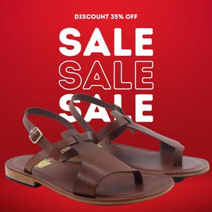 May include: Brown leather sandals with a buckle closure and a toe loop. The sandals are displayed on a red background with the word "SALE" repeated three times in white, along with the text "DISCOUNT 35% OFF".
