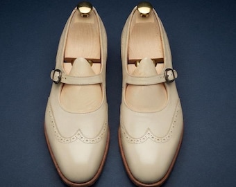 Handmade Cream Leather Mary Jane Brogues Single Monk Strap Shoes, Vintage Brogue Footwear