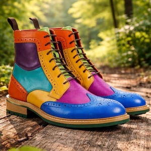 Op de afbeelding: Een paar kleurrijke leren laarzen met een regenboogontwerp. De laarzen hebben een mix van kleuren, waaronder blauw, paars, geel, oranje en groen. De laarzen hebben bruine veters en een houten zool. De laarzen zijn ongeveer 15 cm hoog.