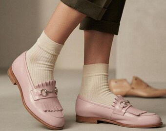 Handmade Blush Pink Women's Leather Loafer, Fringe Kiltie Slip-Ons, Vintage Style Custom Footwear
