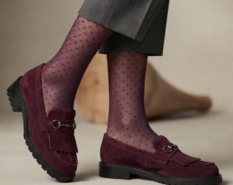 Handmade Burgundy Women's Leather Loafer, Fringe Kiltie Slip-Ons, Vintage Style Custom Footwear