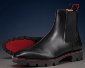 Men's Black Leather Chelsea Boots, Italian Handmade Ankle Dress Boots, Christian Louboutin Style Red Sole