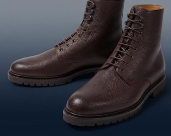 Men's Dark Brown Italian Grain Leather Lace Up Boots | Designer Style Lug Sole Ankle Boots | Combat Boots
