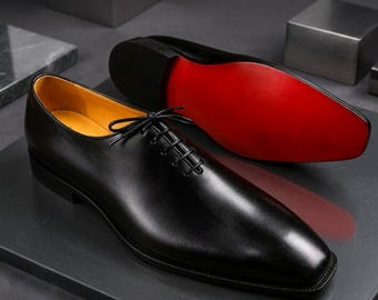Zapatos de vestir para hombre estilo Christian Louboutin – Oxfords de cuero negro con suela roja, estilo clásico para negocios.