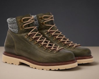 Men's Olive Green Italian Style Leather Hiking Boots | Designer Style Lug Sole Hiker Ankle Boots | Combat Boots