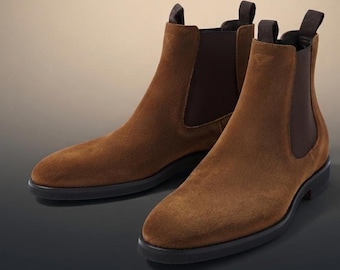 Men's Tan Brown Suede Chelsea Boots | Designer Style Italian Suede Ankle Boots | Slip On Boots