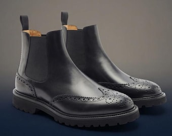 Men's Black Leather Brogue Chelsea Boots | Italian Style Lug Sole Wingtip Ankle