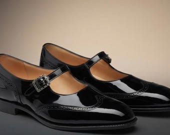 Handmade Black Patent Leather Mary Jane Brogues, Single Buckle Vintage Custom Footwear