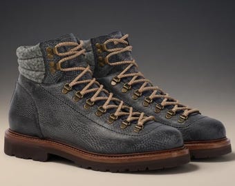 Men's Grey Italian Leather Hiking Boots | Handmade Lug Sole Hiker Ankle Boots