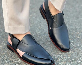 Handgemaakte zwarte leren sandalen voor heren – slingbackschoenen met gesloten neus, klassieke zomerstijl