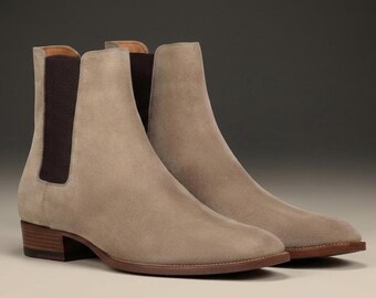 Men's Taupe Italian Suede Chelsea Boots | Designer Style Beige Suede Ankle Boots | Slip On Dress Boots