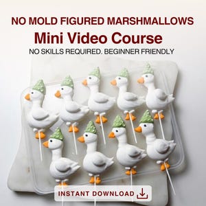 May include: A tray of white marshmallow goose treats, each with a green hat and orange beak and feet. The image includes the text "NO MOLD FIGURED MARSHMALLOWS Mini Video Course" and "INSTANT DOWNLOAD".