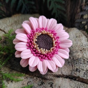 Puede incluir: Una escultura floral hecha a mano con capas de pétalos de color rosa claro que rodean un centro marrón oscuro. El anillo interior de la flor muestra pequeños acentos texturizados en beige y magenta que crean una apariencia detallada y multidimensional.