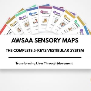 May include: A collection of colorful AWSAA Sensory Maps, fanned out above a white rectangular sign. The sign reads "AWSAA SENSORY MAPS" and "THE COMPLETE 5-KEYS VESTIBULAR SYSTEM". The text "Transforming Lives Through Movement" is below. A gold seal is in the bottom right.