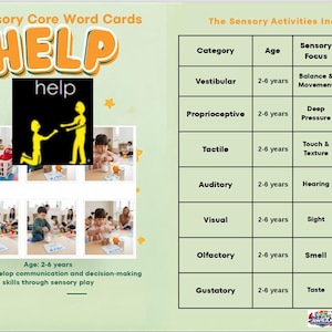 Op de afbeelding: Educatieve kaartenset getiteld "Sensory Core Word Cards" met het woord "HELP" in grote oranje letters. Bevat een tabel met sensorische activiteiten voor kinderen van 2-6 jaar, zoals vestibulaire, proprioceptieve en tactiele activiteiten.