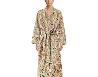 Bata de algodón con estampado a mano tipo gofre, estampado floral de caléndula, 119 cm / Bata de baño tipo kimono