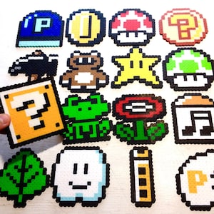 Super Mario 3 Retro Video Game Art. Perler Bead 8 bit Pixel Sprites. NES Magnets. Items, Mushroom, Star, Fireflower, Item Block, Leaf, Cloud