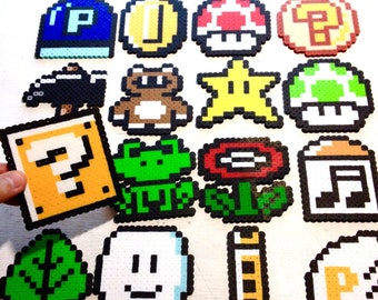 Super Mario 3 Retro Video Game Art. Perler Bead 8 bit Pixel Sprites. NES Magnets. Items, Mushroom, Star, Fireflower, Item Block, Leaf, Cloud