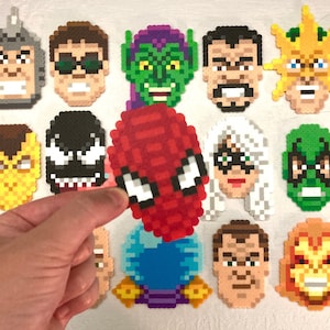 Spider-Man Retro Pixel Portraits Pop Art. 8 bit Sprites. Perler Bead Magnets. Pins.
