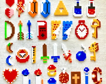 Legend of Zelda Retro Video Game Items Art. Perler Bead 8 bit Pixel Sprites. NES Magnets. Link, Triforce, Compass, Sword