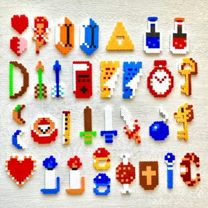 Legend of Zelda Retro Video Game Items Art. Perler Bead 8 bit Pixel Sprites. NES Magnets. Link, Triforce, Compass, Sword