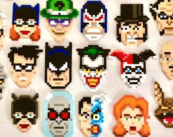 Batman Retro Pixel Portraits Pop Art. 8 bit Sprites. Perler Bead Magnets. Pins.