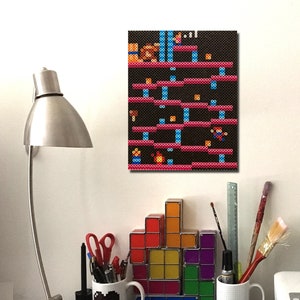 3D Donkey Kong - Retro Gaming 8 bit Pixel Art. Perler Beads on Canvas.