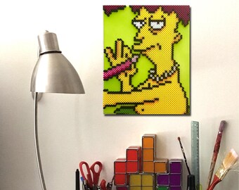 3D Sideshow Bob Sidekick Retro Art. Retrato de píxel hecho a mano. Cuentas de Perler sobre lienzo. Los Simpson.