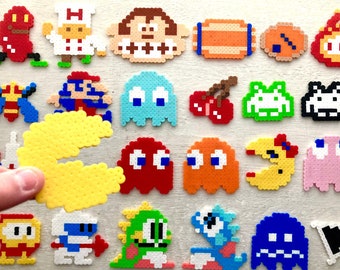 Classic Arcade Retro Video Game Art. Perler Bead 8 bit Pixel Sprites. Donkey Kong Magnets, Mario, Dig Dug, Galaga, Bubble Bobble, Space
