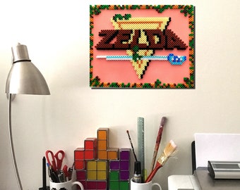 3D Legend of Zelda Retro Gaming 8 Bit Pixel Art. Perler Beads on Canvas.