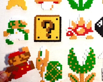 Super Mario Retro Video Game Art. Perler Bead 8 bit Pixel Sprites. NES Magnets. Luigi, Goomba, Koopa, Items, Enemies.