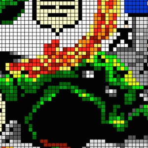 May include: Pixel art image with a colourful, stylised design. The artwork uses a grid pattern with green, red, yellow, and black. A speech bubble is visible in the upper left corner.