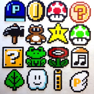 Super Mario 3 Retro Video Game Art. Perler Bead 8 bit Pixel Sprites. NES Magnets. Items, Mushroom, Star, Fireflower, Item Block, Leaf, Cloud