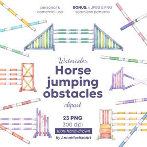 May include: A watercolour illustration of horse jumping obstacles in various designs and colours. The image includes text that reads "Watercolor Horse jumping obstacles clipart 23 PNG 300 dpi 100% hand-drawn".