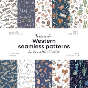 May include: A collection of ten digital watercolor seamless patterns featuring Western-themed illustrations including cowboy boots, saddles, spurs, horse bits, lassos, cacti, and wagon wheels on both white and dark blue backgrounds.