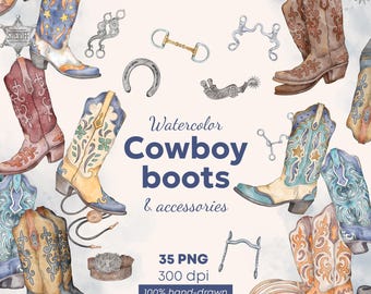 Watercolor Cowboy Boots Clipart Bundle | Western Boots PNG | Cowgirl Decor | Rodeo Elements, Seamless Pattern | Western Clipart Set