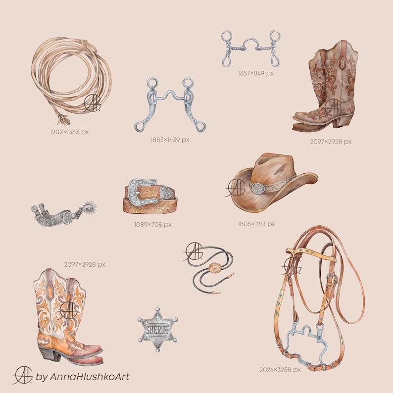 May include: Watercolor illustration of Western-themed items, including a cowboy hat, boots, belt, rope, spurs, and a sheriff's badge. The boots are brown with decorative stitching. The hat has a silver band. The items are set against a neutral background.