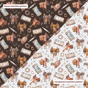 May include: A seamless pattern featuring watercolor illustrations of cowboy gear, including saddles, saddlebags, blankets, horseshoes, and ropes. The design is repeated on a brown background and a transparent background. The text "brown seamless pattern" and "transparent seamless pattern" are visible.