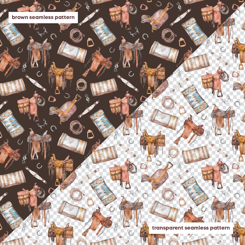 May include: A seamless pattern featuring watercolor illustrations of cowboy gear, including saddles, saddlebags, blankets, horseshoes, and ropes. The design is repeated on a brown background and a transparent background. The text "brown seamless pattern" and "transparent seamless pattern" are visible.