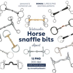 May include: Watercolor clipart of various horse snaffle bits in silver and gold tones. The image includes text that reads "Watercolor Horse snaffle bits clipart" and "12 PNG 300 dpi 100% hand-drawn by AnnaHlushkoArt."