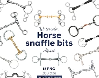Horse Snaffle Bits Clipart Bundle | Equestrian Tack PNG | Watercolor Bit Illustrations | Horse Riding Equipment | Seamless Pattern