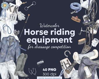 Horse Riding Equipment Clipart | Dressage Competition Set | Watercolor Equestrian PNG | Riding Gear Illustrations