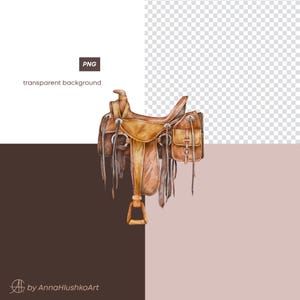 May include: Watercolor illustration of a brown leather western saddle with stirrups, saddlebags, and decorative silver accents. The image includes the text "PNG" and "transparent background".
