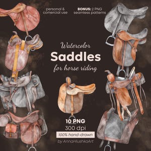 Pferdesättel Arten Clipart Bundle | Western English Dressur Jagd Spanischer Sattel PNG | Reiter Aquarell Tack | Reiten Set