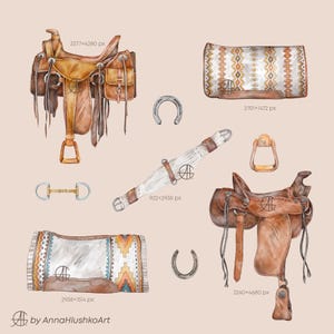 May include: Watercolor illustration of equestrian equipment, including two leather saddles, a horse bit, stirrup, cinch, two saddle blankets with geometric patterns, and two horseshoes. The artwork is in shades of brown, tan, and cream.